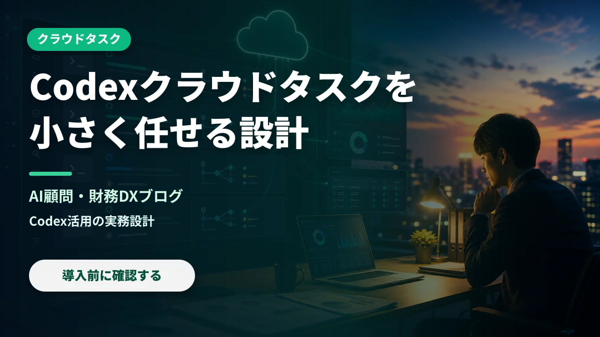 Codexクラウドタスクを小さく任せる設計の実務設計を示すAI顧問ブログのアイキャッチ画像